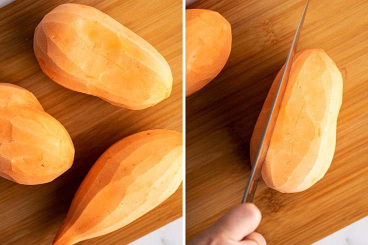 Collage photo of how to cut sweet potato cubes.