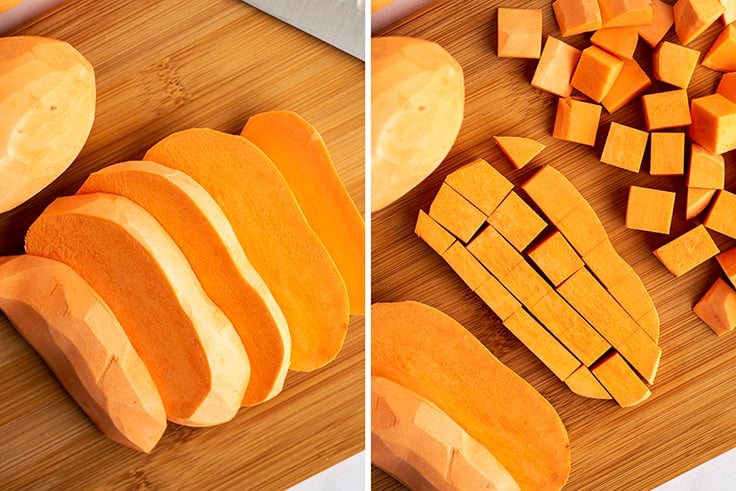 Collage photo of how to cut sweet potato cubes.