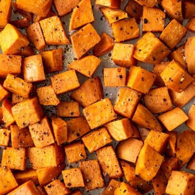 Overhead photo of roasted sweet potatoes.