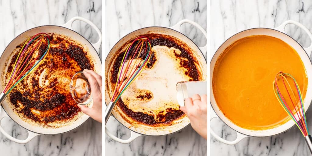 Collage photo of vodka sauce being made part 2.