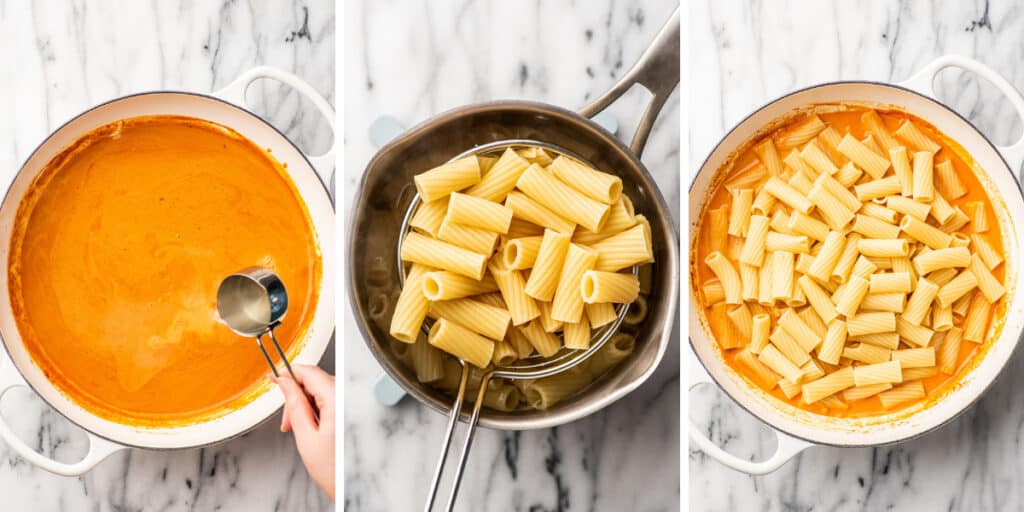 Collage photo of rigatoni in vodka sauce being made.