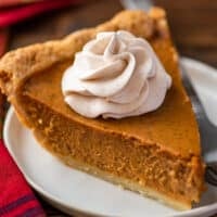 Cinnamon whipped cream on a slice of pumpkin pie.