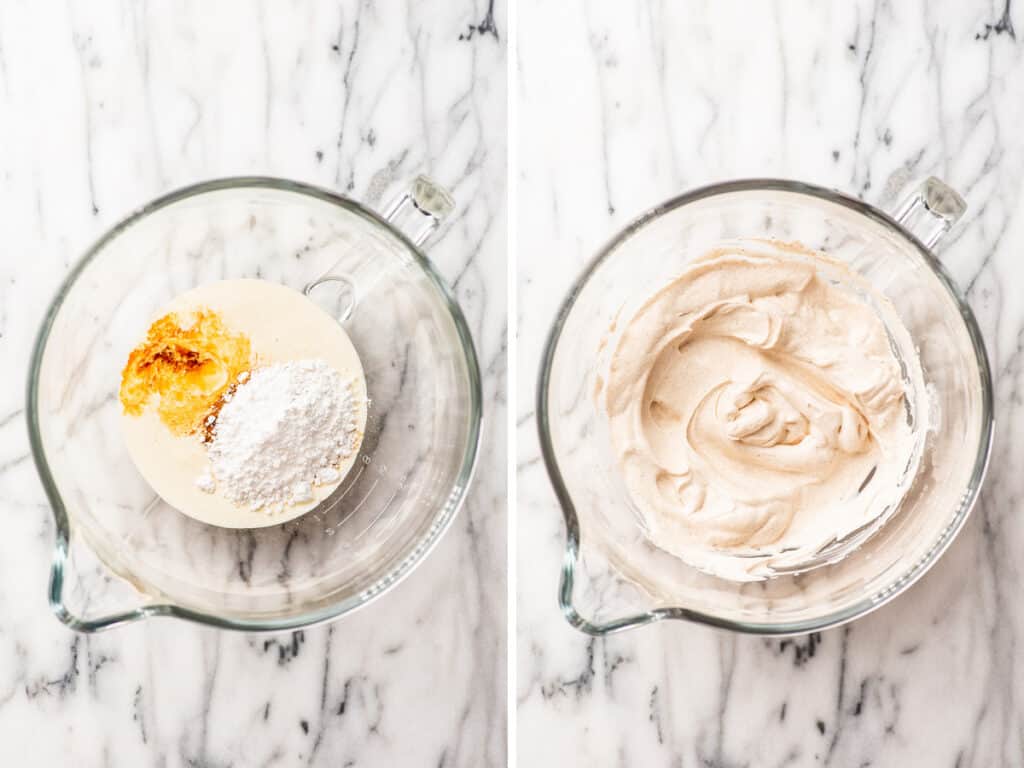 Collage photo of cinnamon whipped cream being made.