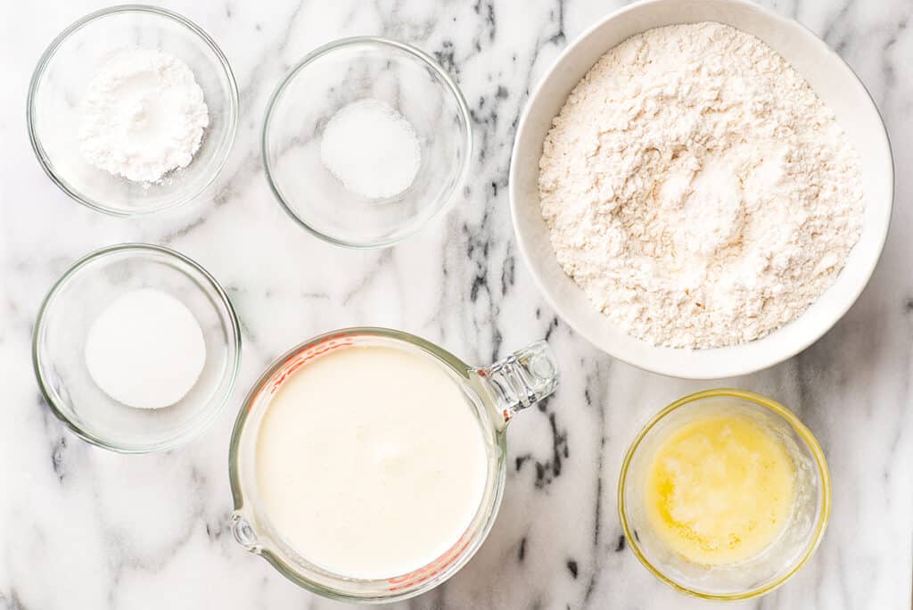 Cream biscuit ingredients on a counter.