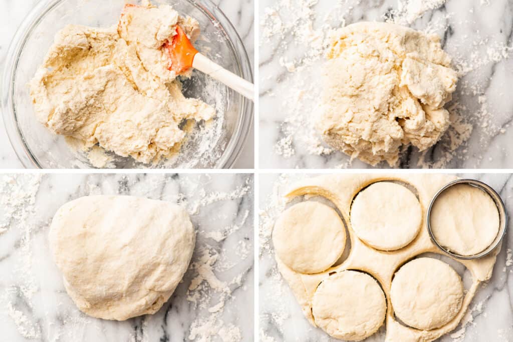 Collage of cream biscuit dough coming together.