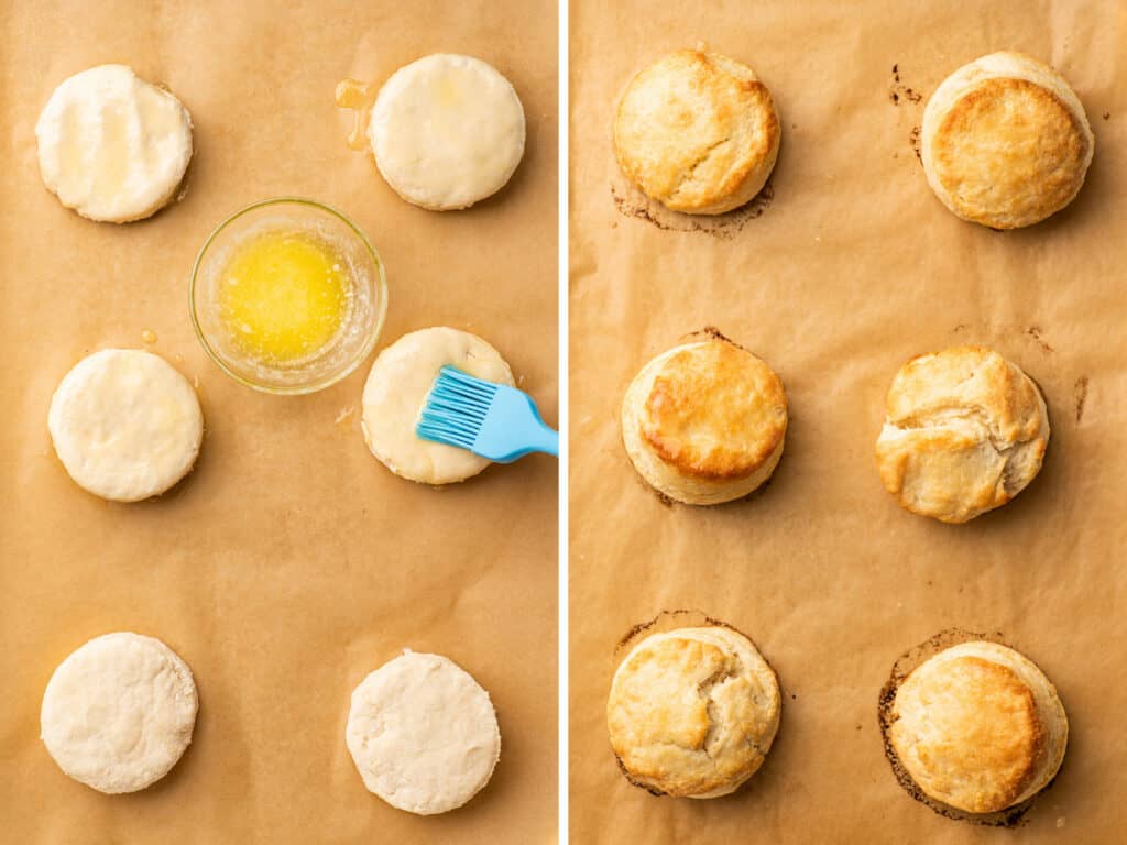 Collage of cream biscuits before and after baking.