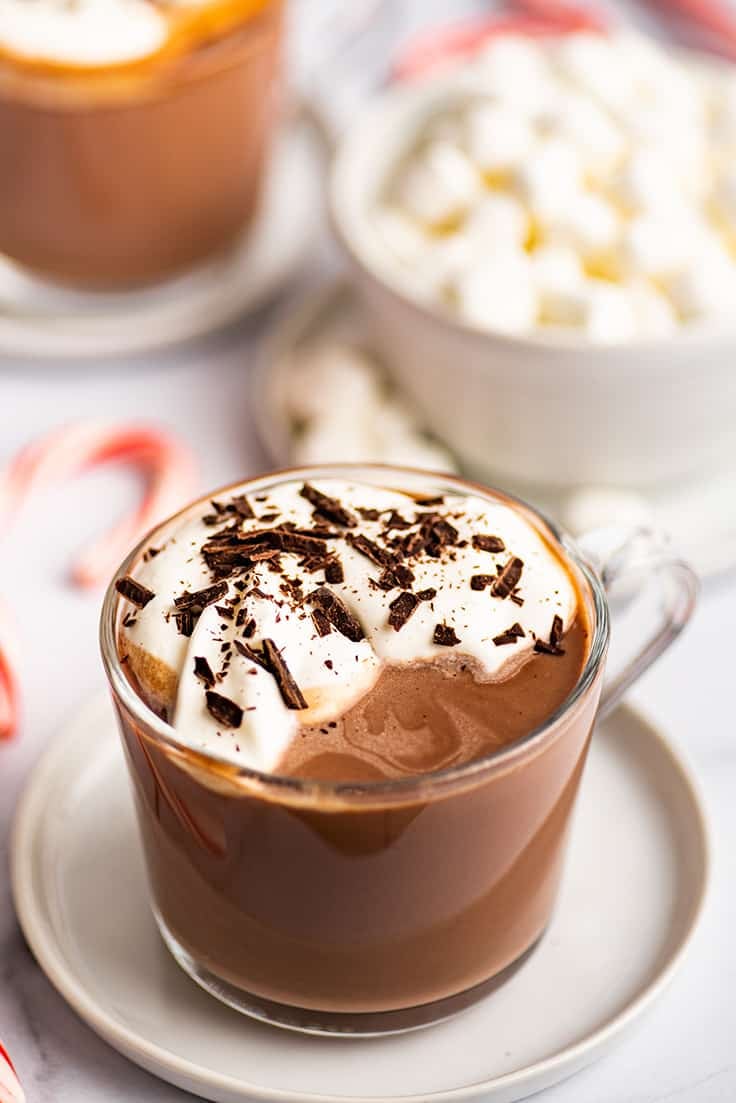 Cup of hot chocolate with whipped cream and chocolate shavings.