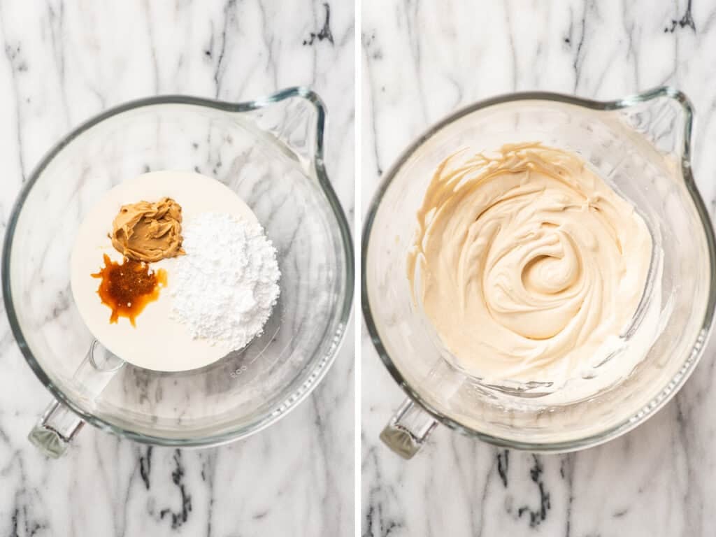 Collage photo of peanut butter whipped cream being made.