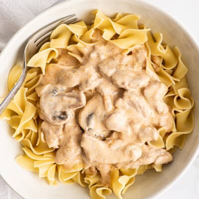 Pork stroganoff over a egg noodles in a bowl.
