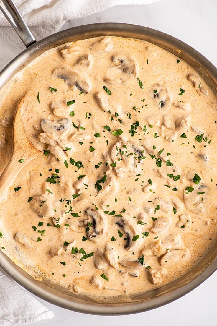 Pork stroganoff in a large pan.