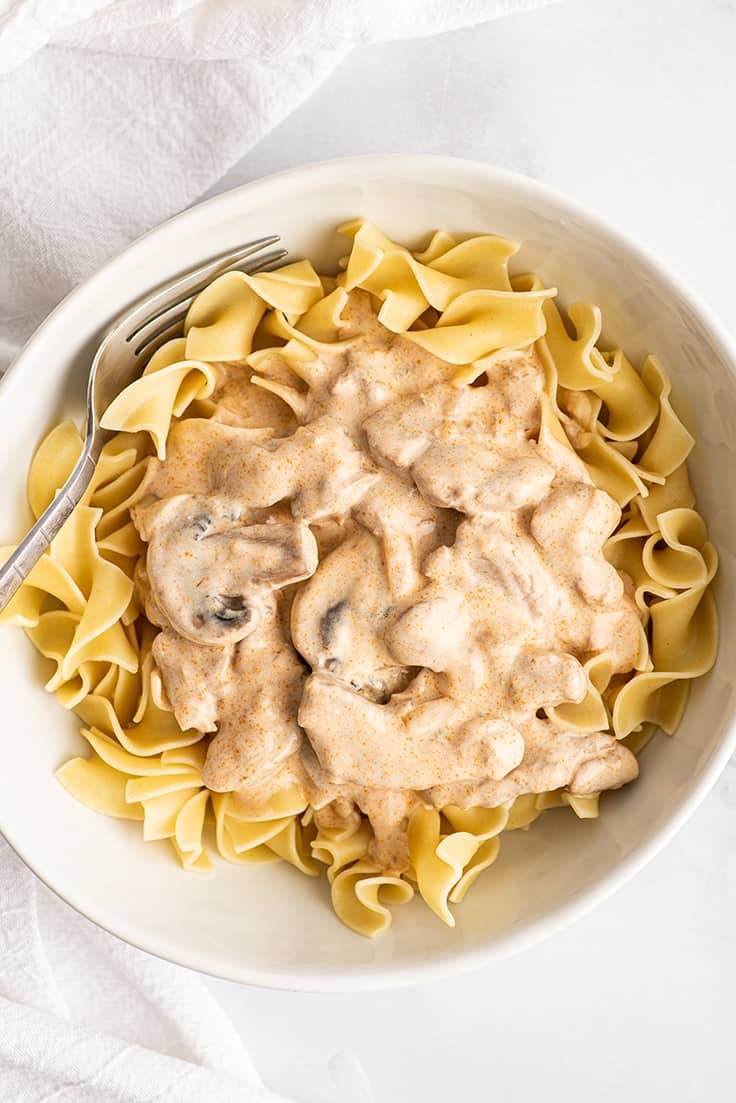 Pork stroganoff over a egg noodles in a bowl.