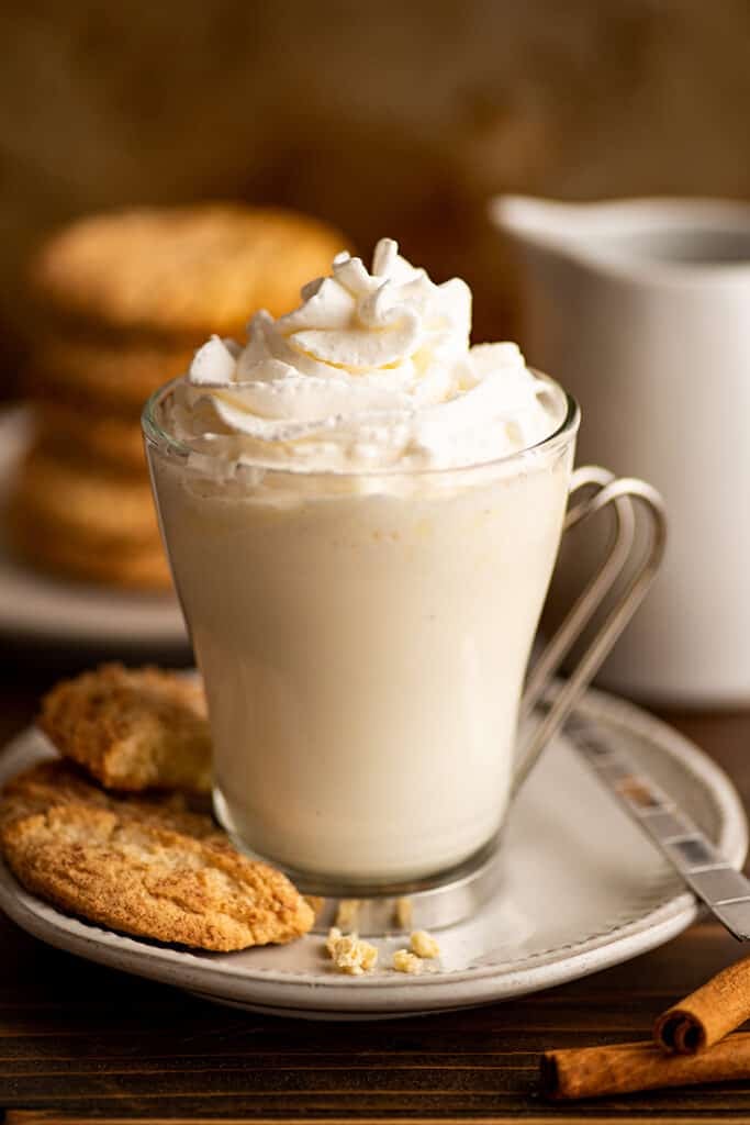 Snickerdoodle hot chocolate with whipped cream.