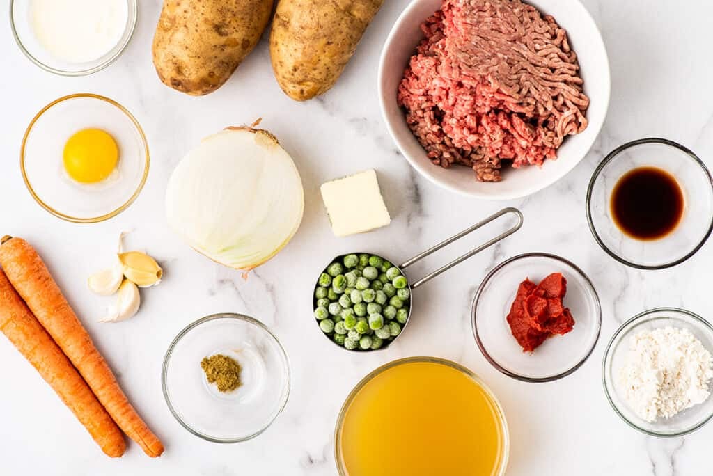 Cottage pie ingredients on a counter.