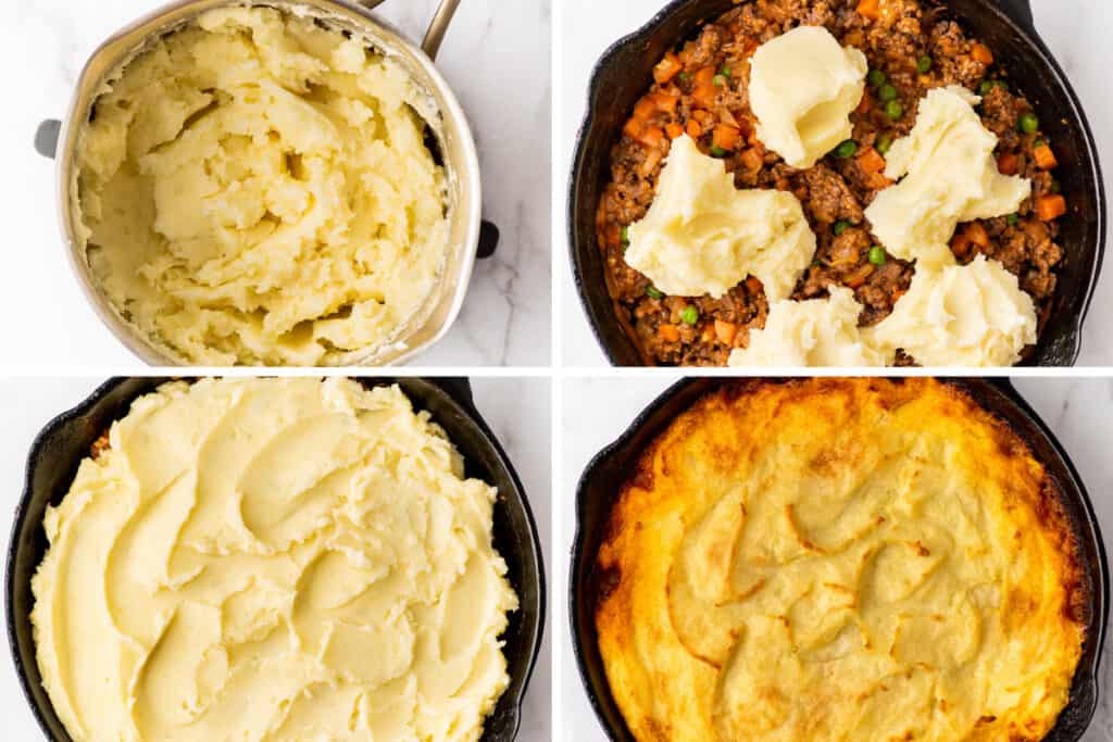 Collage of cottage pie being assembled and baked.