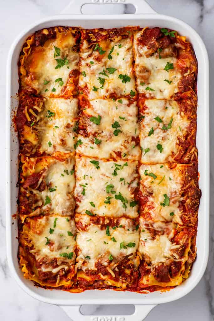 Easy lasagna in a white dish.