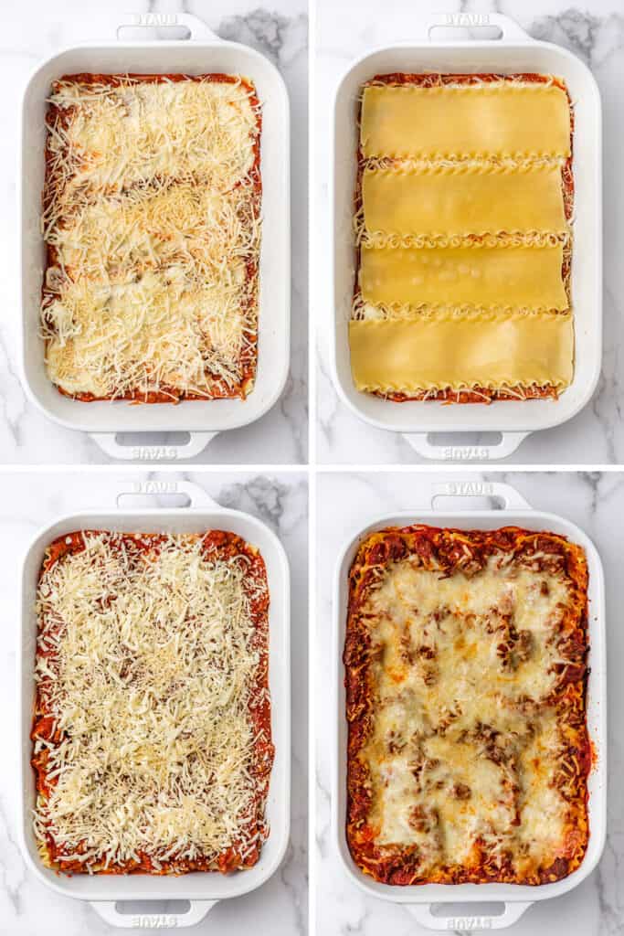 Part 2 of lasagna being assembled in a white dish.