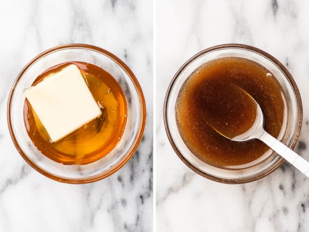 Collage of honey butter for carrots being made.