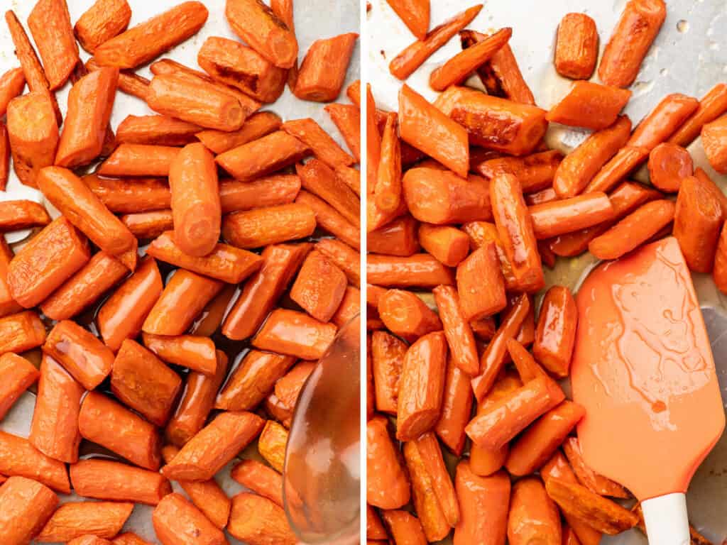 Collage photo of carrots being tossed with honey butter.