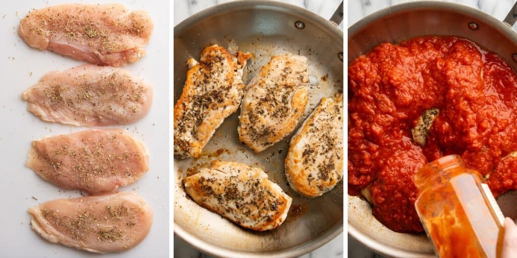 Collage photo of chicken for mozzarella chicken being prepared.