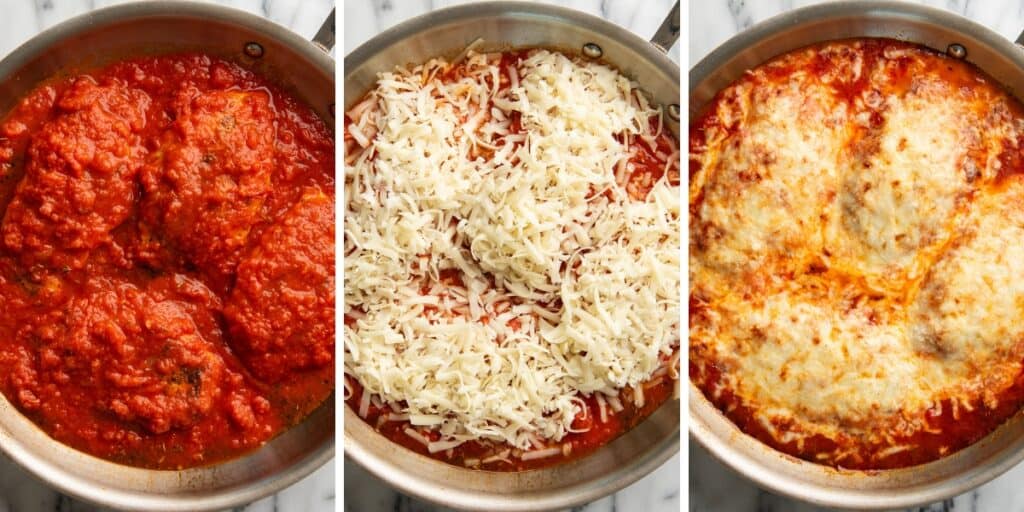 Collage photo mozzarella chicken being prepared.