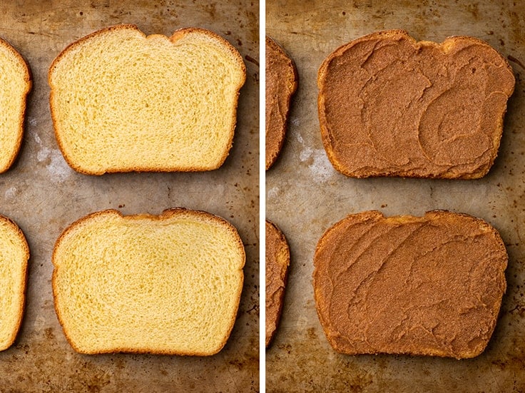 Collage photo of cinnamon toast being made.