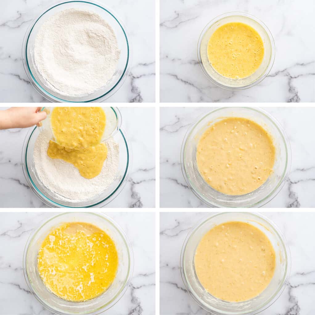 Collage photo of banana bread batter being made.