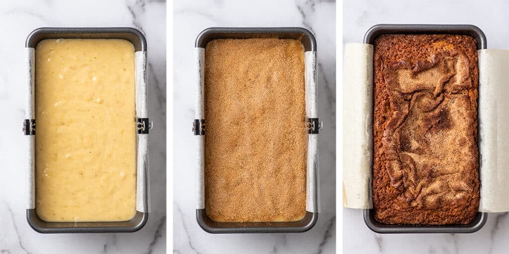 Collage photo of banana bread being baked.