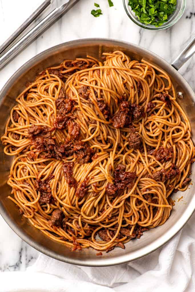 overhead shot of a skillet of bolognese
