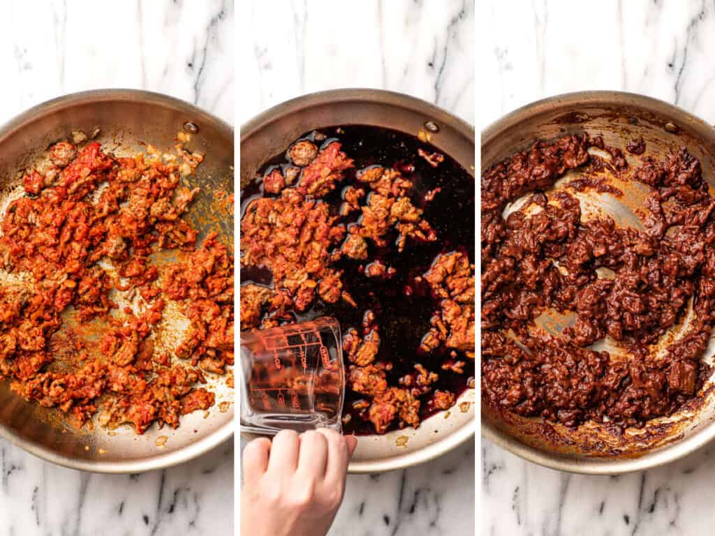 meat sauce ingredients being combined in a skillet
