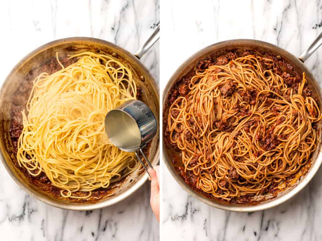 spaghetti and meat sauce combined in a skillet then pasta water added to the skillet