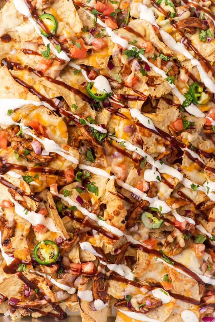 Close photo of barbecue chicken nachos.