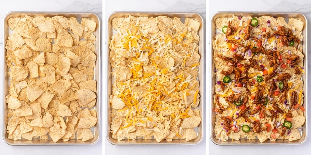 Collage photo of BBQ chicken nachos being assembled.