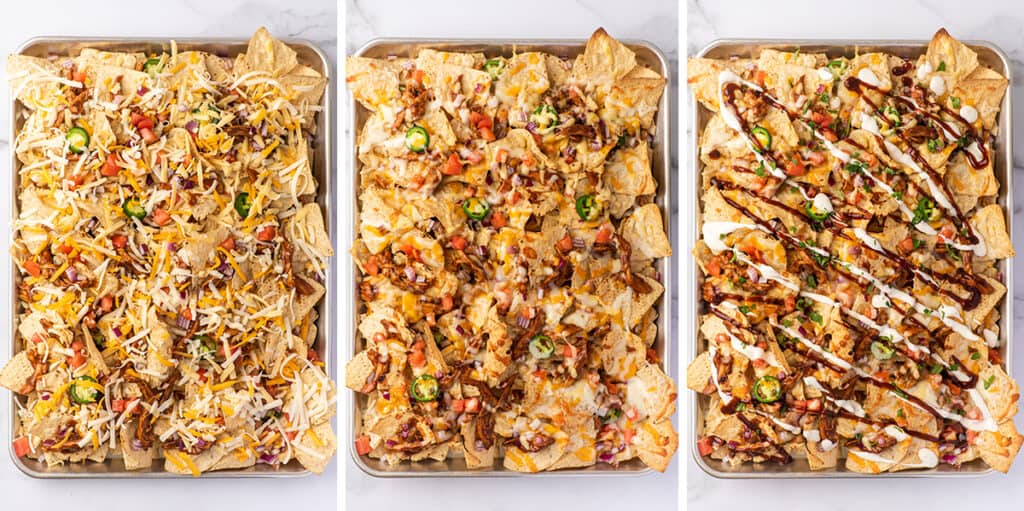 Collage photo of BBQ chicken nachos being assembled.