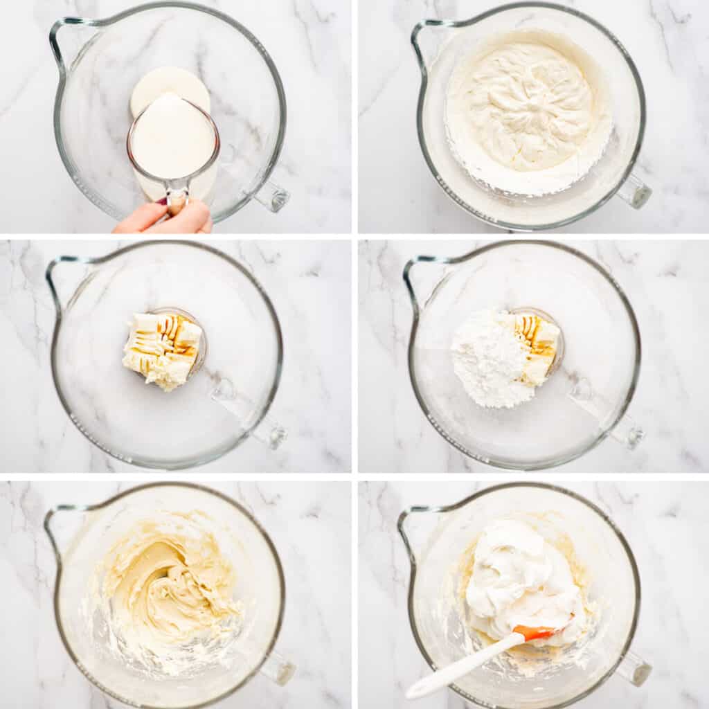 Collage of cream cheese whipped cream being made.