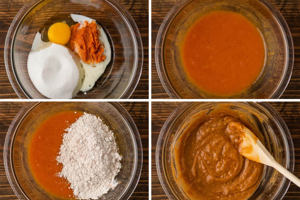 Collage photo of mini pumpkin bread batter being made..