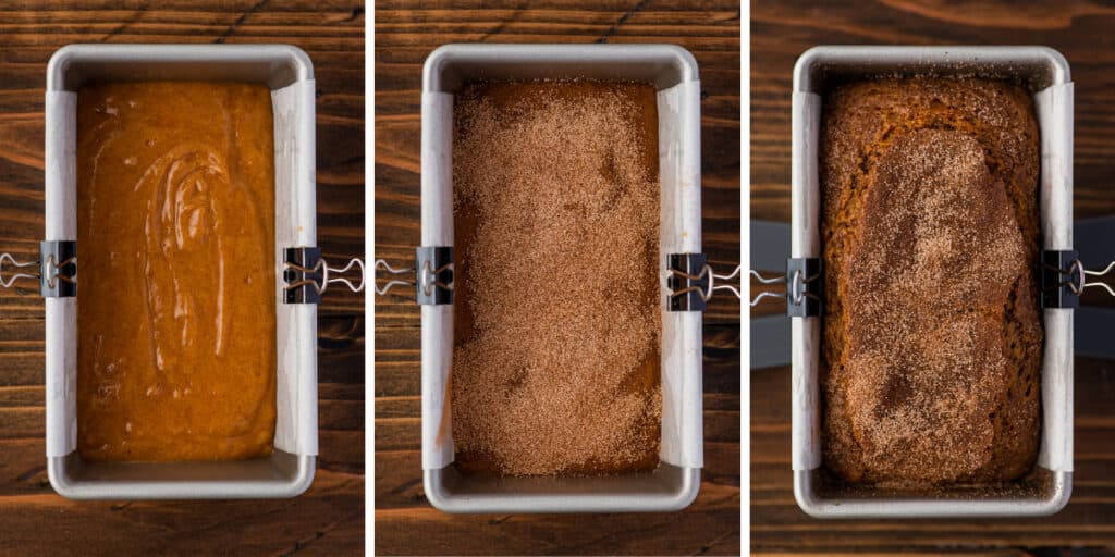 Collage photo of mini pumpkin bread being baked.