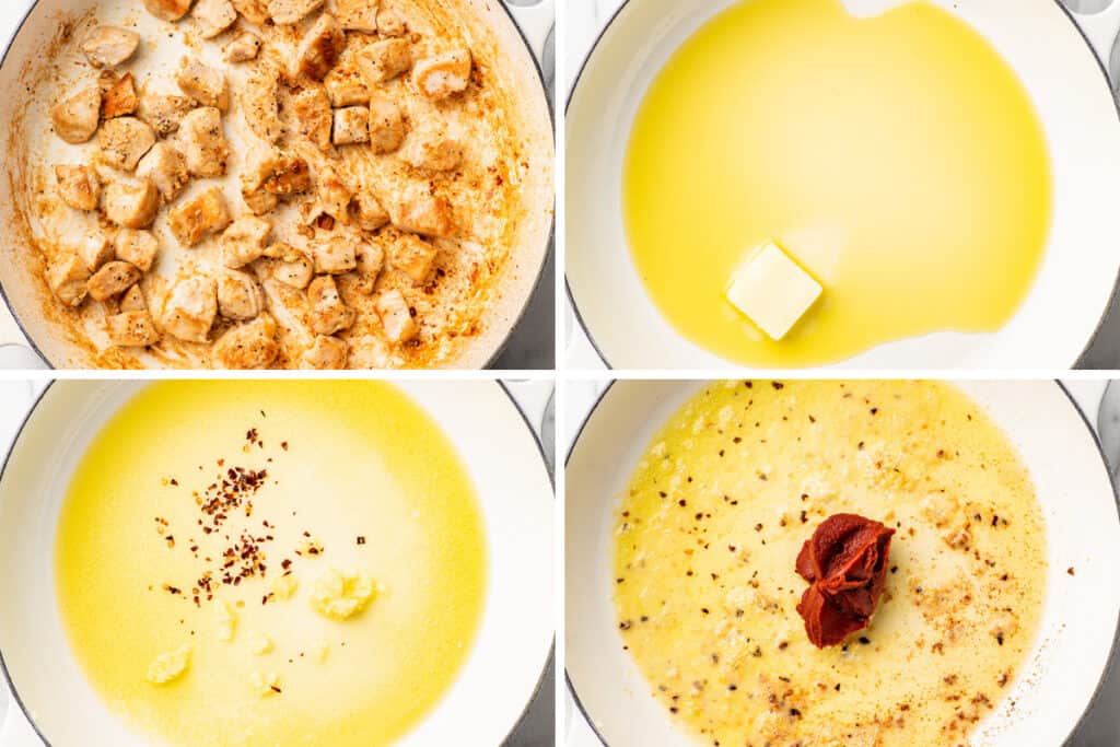 Collage photo of penne alla vodka with chicken being cooked.