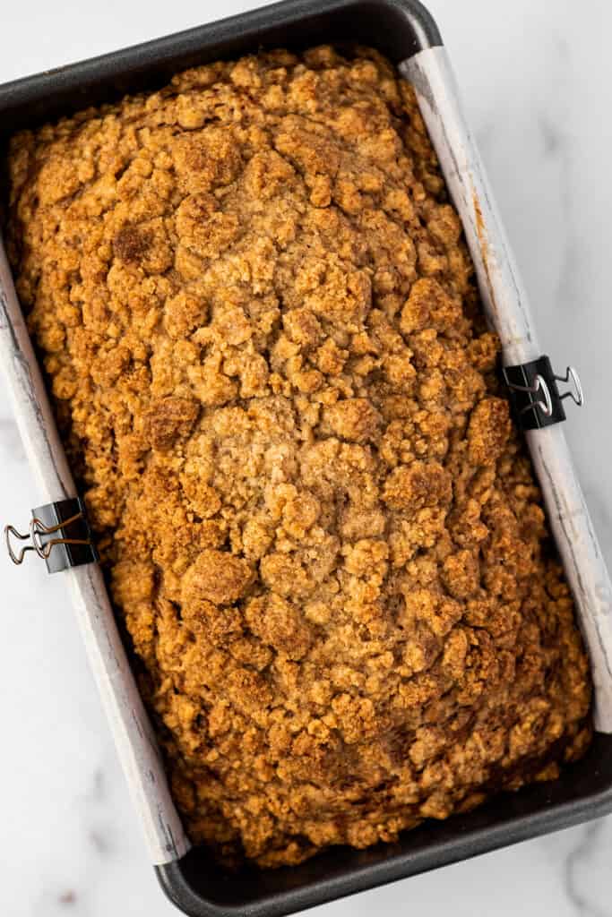 Streusel topping over pumpkin bread.