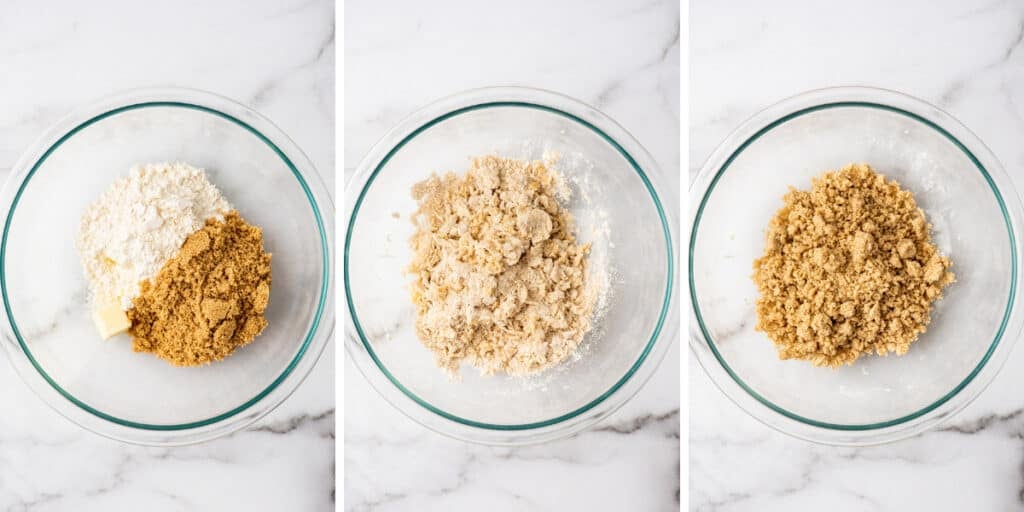 Collage photo of streusel topping being made.