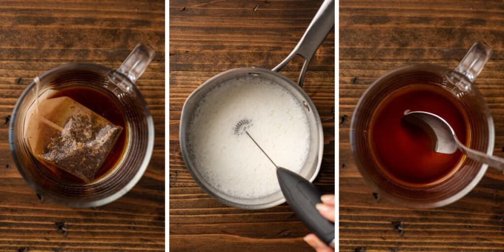 Collage photo of dirty chai latte being made.