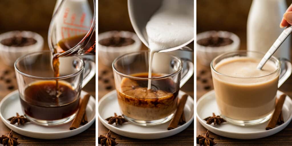 Collage photo of dirty chai latte being made and poured into a cup.