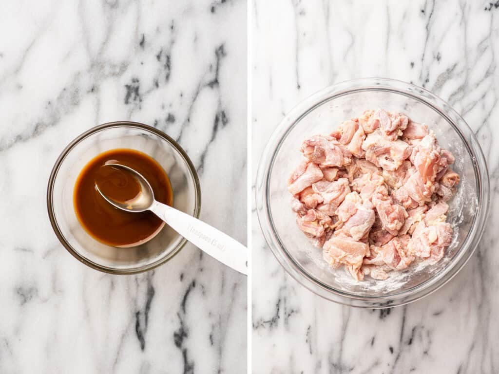 Collage of honey ginger chicken being made.