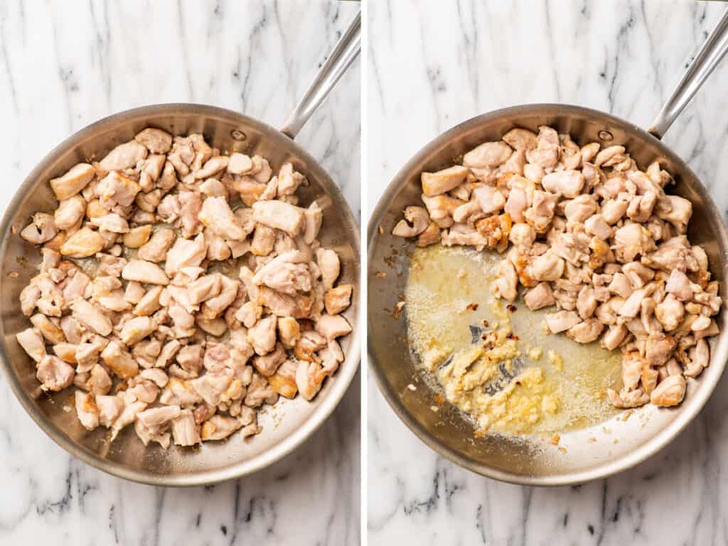 Collage of chicken thighs cooking for honey ginger chicken