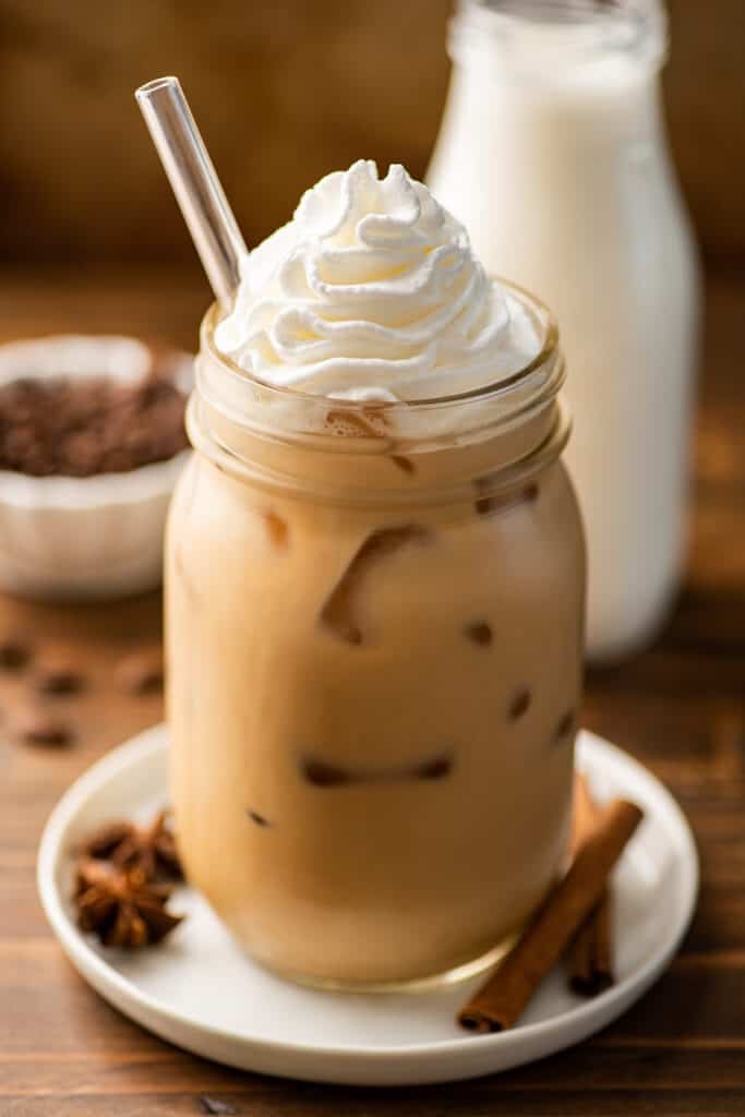 Iced dirty chai latte in a mason jar.