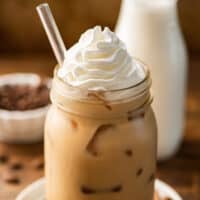 Iced dirty chai latte in a mason jar.