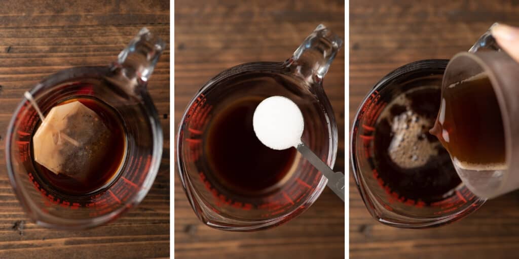 Collage of chai concentrate being made for an iced dirty chai latte.