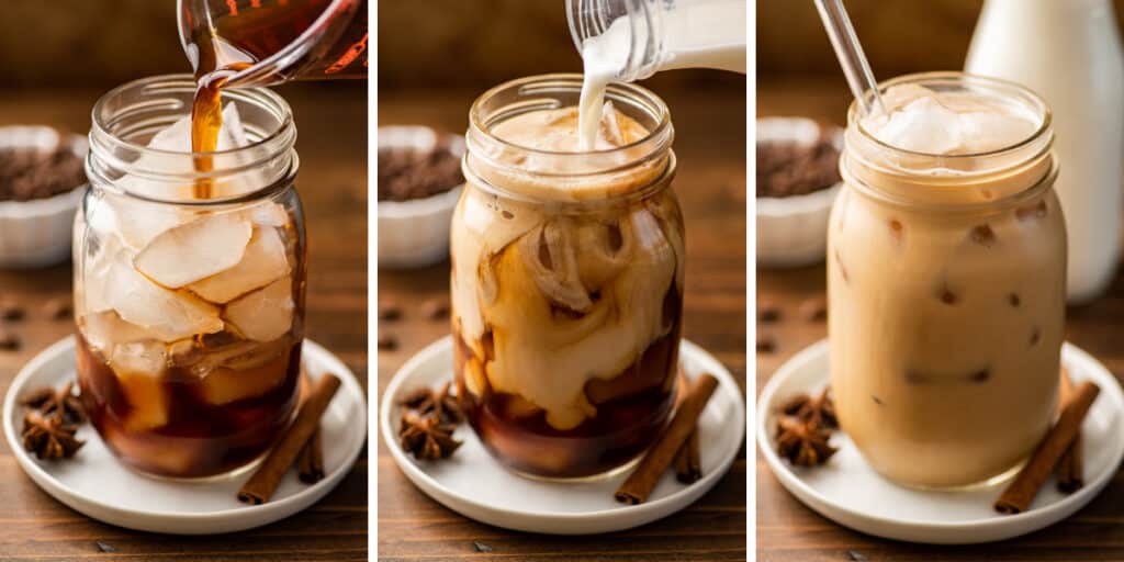 Collage of iced dirty chai latte being made.