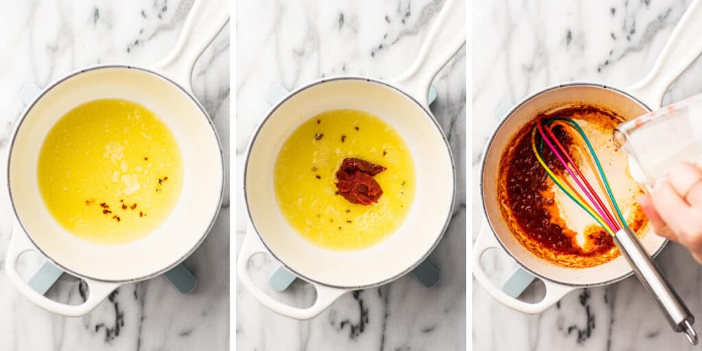 Collage photo of penne alla vodka for one being made.