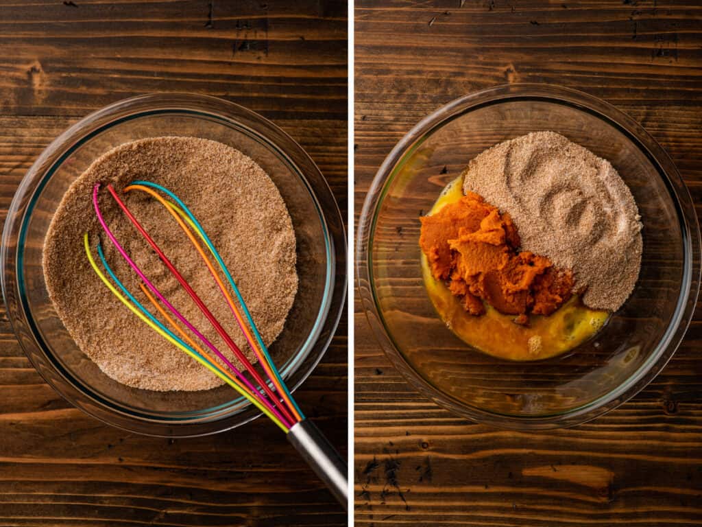Collage of pumpkin pie filling being made part 1.