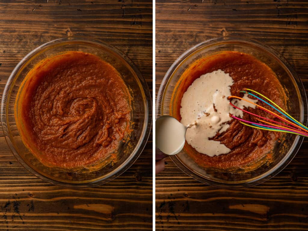 Collage of pumpkin pie filling being made part 2.